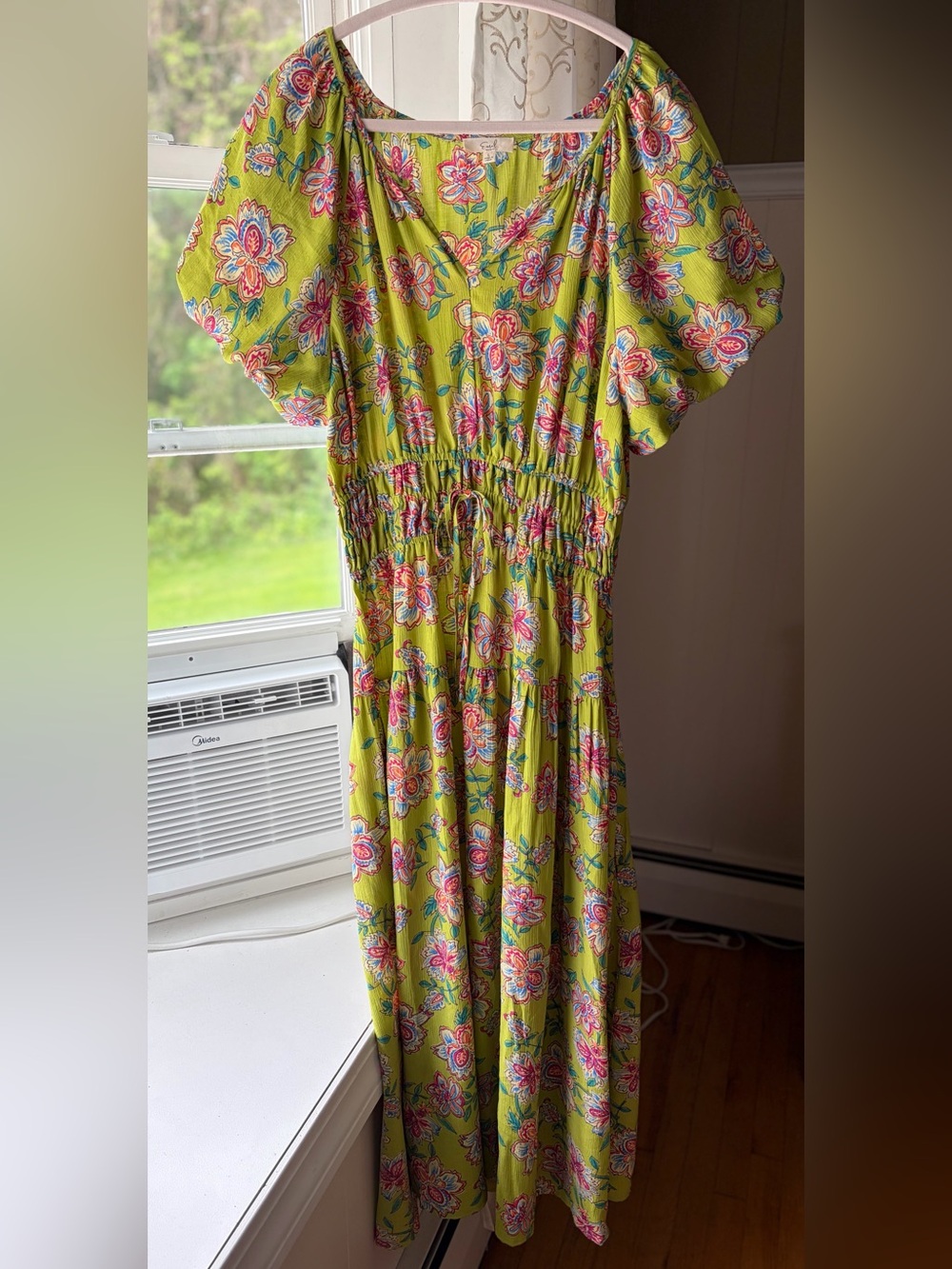 Multicolored Puff Sleeve Floral Smocked Waist Maxi Dress Tropical Resort Sz L